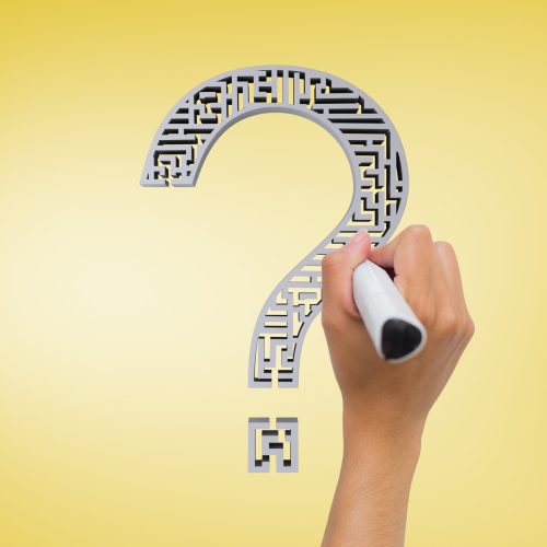 composite of hand drawing question mark graphic over yellow background
